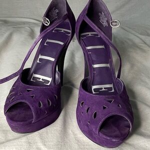 Elle Deep Purple Suede Cutout Peep-Toe Platform Heels